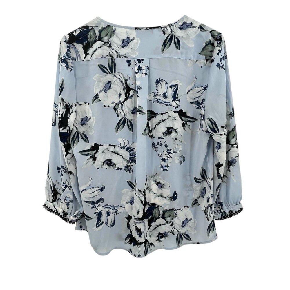 KARL LAGERFELD Women's Blue Floral Tie Neck 3/4 Sleeve Blouse Medium - Picture 6 of 6
